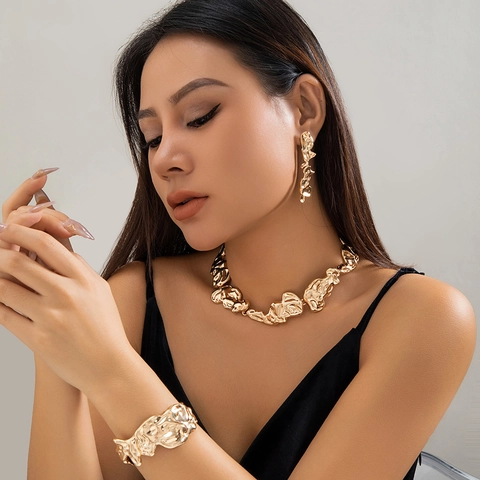 Women Liquid Metal Lava Texture Irregular Necklace Wrinkle Choker Alloy Earrings Bangle Gold Silver Plated Fashion Jewelry