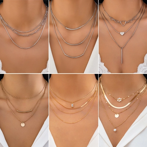 Layered Necklaces For Women Alloy Copper Minimalist Snake Chain Elegant Heart Moon Pendant Geometric Jewelry Gift