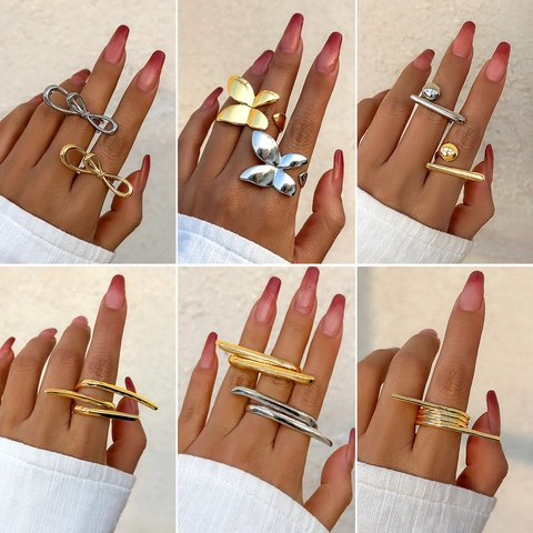 French Minimalist Alloy Butterfly Bowknot Open Ring For Women Vintage Geometric Liquid Metal Statement Finger Jewelry Gift
