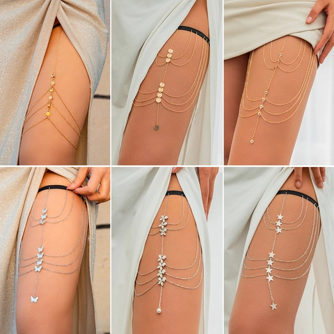 Sexy Multi-layer Butterfly Star Thigh Chain Leg Chain For Women Gold Silver Elastic Leg Ring Body Jewelry For Party Beach