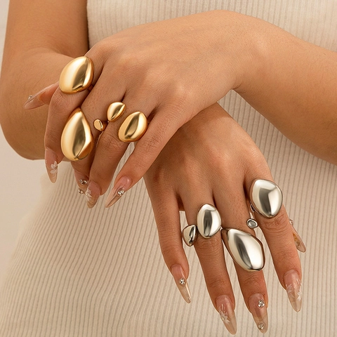 Bague Ouverte en Métal Liquide de Lave d'Avant-garde pour Femme Irrégulière Goutte d'Eau Galet Dôme Chunky Réglable Alliage Plaqué Or Argent Bijoux Cadeau