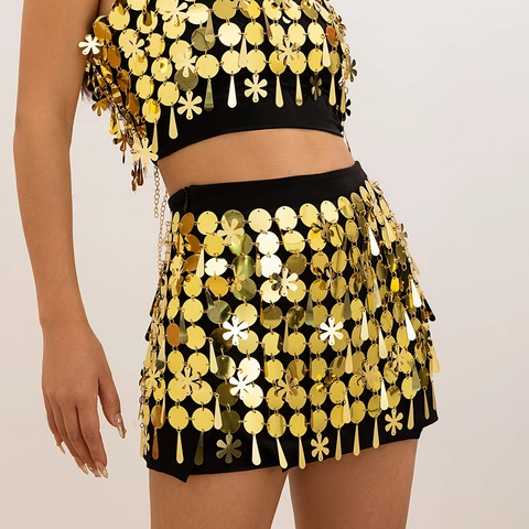 Sexy Cadena de Cuerpo de Lentejuelas Metálicas Top y Falda Mujer Cyberpunk Discoteca Flor Mini Vestido Fiesta Playa Rave