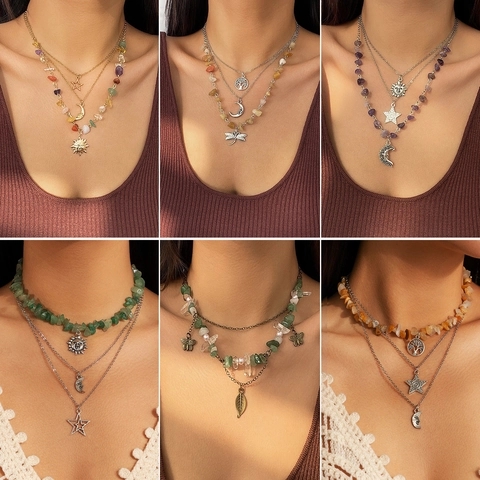 Bohemian Multi Layer Necklace Alloy Natural Stone Gravel Sun Moon Star Dragonfly Tree Of Life Pendant Vintage Jewelry