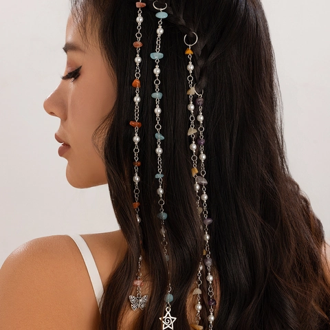 Bohemian Alloy Natural Stone Artificial Pearl Hair Chain Vintage Butterfly Star Moon Pendant Hair Jewelry For Women Braid Accessories