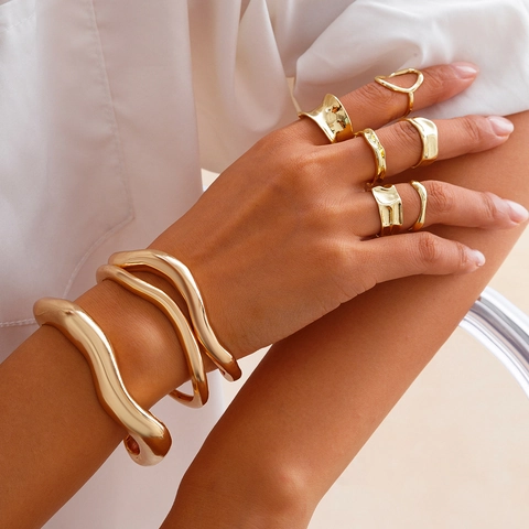 Minimalista Bracciale Rigido In Metallo Con Onda Irregolare Anelli Per Donna Oro Argento Consistenza Lava Liquida Gioielli Regolabili