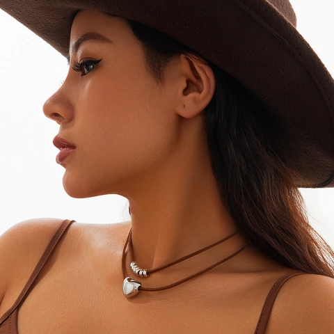 Vintage Bohemian Double Layer Necklace For Women Alloy Cactus Heart Star Pendant Faux Turquoise Artificial Pearl Leather Cord Choker Jewelry