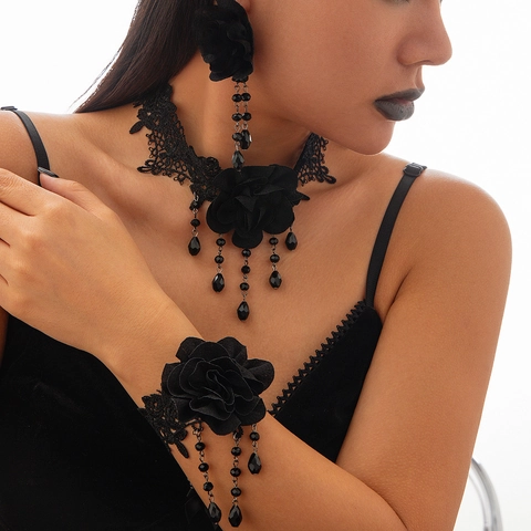 Gothic Black Lace Rose Choker Necklace Tassel Earrings Bracelet For Halloween Party Women Vintage Dark Style Jewelry