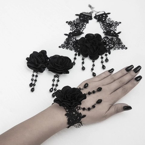 Gothic Black Lace Rose Choker Necklace Tassel Earrings Bracelet For Halloween Party Women Vintage Dark Style Jewelry