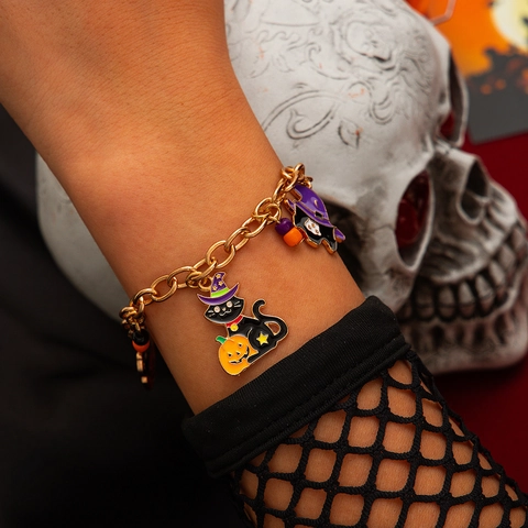 Braccialetto Halloween con Ciondoli Gotico Lega Smalto Zucca Fantasma Pipistrello Scheletro Cappello Strega Gioielli Festa Donna