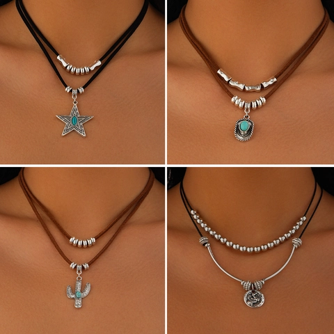 Boho Vintage Legierung Anhänger Halskette Mit Türkis Kaktus Stern Herz Doppelschicht Samt Kordel Choker Für Damen Ethnisch Schmuck