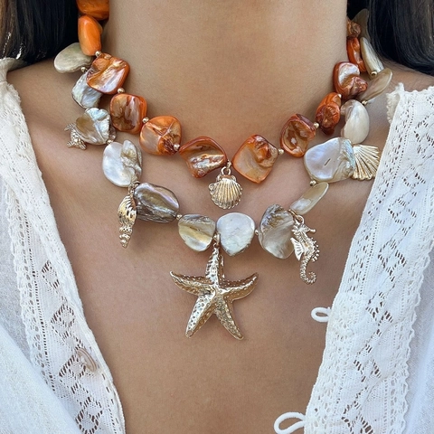 Bohemian Ocean Style Starfish Shell Necklace For Women Summer Beach Vacation Zinc Alloy Artificial Pearl Pendant Jewelry