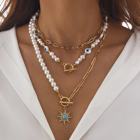 Vintage Bohemian Multilayer Necklace For Women Gold Alloy Sun Pendant Evil Eye Beaded Artificial Pearl Layered Choker Jewelry