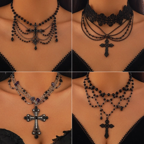 Gothic Cross Beaded Necklace Multi Layer Lace Choker Vintage Punk Dark Style Pendant Necklace Jewelry For Halloween Party Women