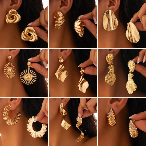 Statement Onregelmatige Metalen Geplooide Geometrische Oorbellen Voor Vrouwen Vintage Zonnebloem Twist Knoop Legering Goud Zilver Sieraden