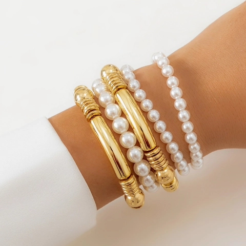 Juego de Pulseras de Perlas Artificiales con Lazo Europeo para Mujer Pulseras Apilables de Aleación de Oro y Plata Multicapa