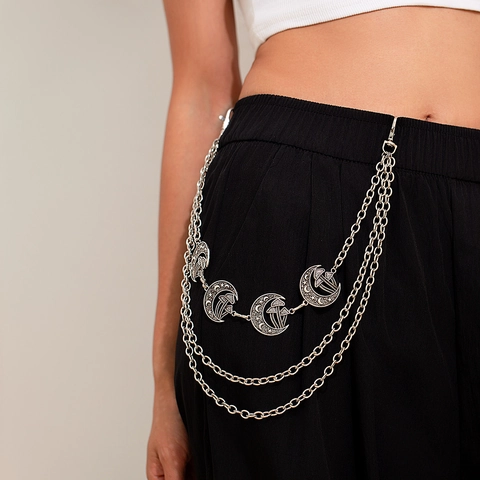 Catena per Pantaloni in Metallo Multistrato Punk Hip Hop da Donna Pendenti con Sole Luna Fungo Gioielli per il Corpo Streetwear