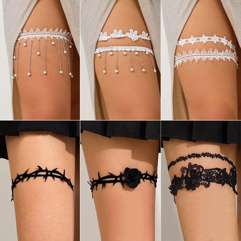 Gothic Donkere Doornen Roos Dij Ketting Sexy Kant Elastische Kousenband Met Kwastje Nep Kunstparel Beenring Voor Dames