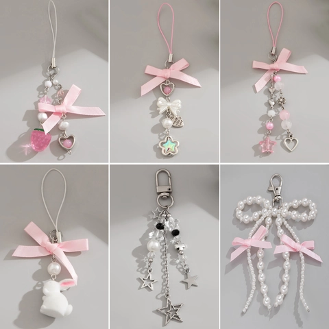 Cute Ribbon Bow Strawberry Phone Charm Beaded Keychain Bag Pendant Heart Star Rabbit Sea Shell Jewelry Accessory For Women Girls