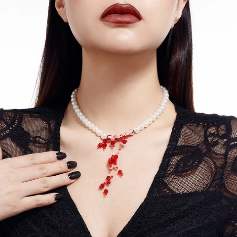 Gothic Blood Drop Artificial Pearl Necklace For Women Multilayer Red Crystal Heart Tassel Choker Dark Style Halloween Party Jewelry