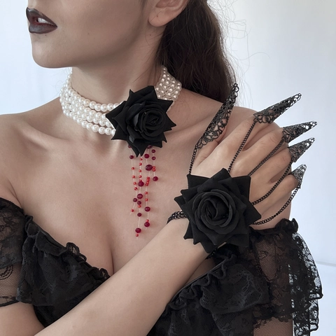 Gargantilla de Perlas Artificiales de Imitación de Varias Capas Gótica Con Borla de Flor de Rosa de Tela y Cadena de Mano con Anillo de Garra Joyería de Halloween