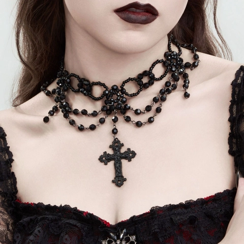 Gothic Zwarte Kralen Kruis Hanger Halsketting Voor Vrouwen Vintage Multi Layer Tassel Choker Statement Sieraden