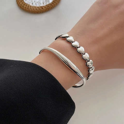 Vintage Kupfer Herz Kette Armband Minimalistisch Silber Poliert Offene Armreif Unkonventionelle Welle Ring Schmuck Zubehör Für Damen