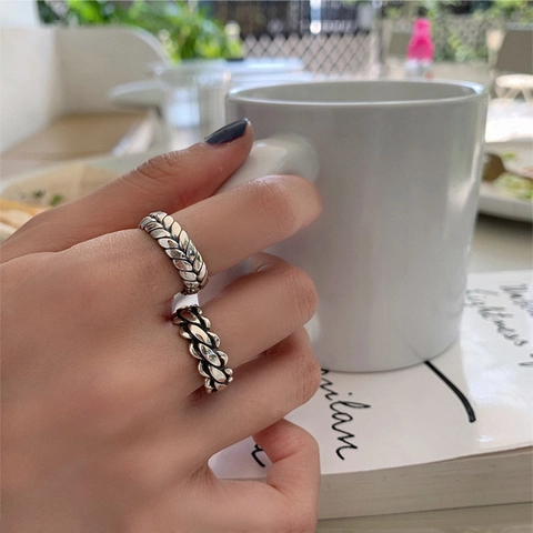 European American Retro Twist Wheat Ear Open Ring For Women Minimalist Vintage Oxidized Copper Braid Finger Ring Fashion Jewelry