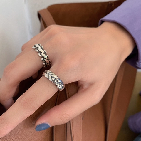 European American Retro Twist Wheat Ear Open Ring For Women Minimalist Vintage Oxidized Copper Braid Finger Ring Fashion Jewelry