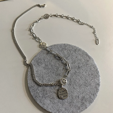 Vintage Korean Asymmetrical Copper Necklace With Smiley Face Moon Star Round Tag Thai Silver Style Jewelry For Women
