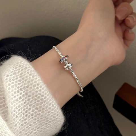925 Sterling Silver Bracelet With Rainbow Zirconia And Engraved Letter Forever Remember Charms Minimalist Fashion Jewelry Gift For Women