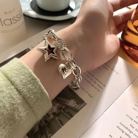 Vintage Kupfer Herz Und Stern Anhänger Grobe Kette Armband Used-Optik Hip Hop Stil Silber Farbe Schmuck Geschenk Damen