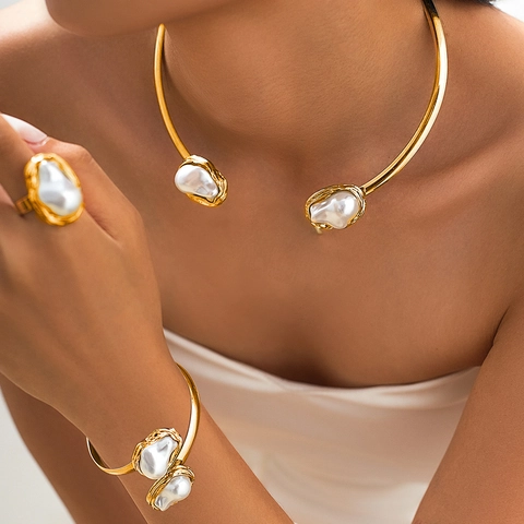 Parure de Bijoux en Künstliche Perles Baroques Irrégulières pour Femmes Alliage Plaqué Or Argent Choker Ouvert Minimaliste Bracelet Bague