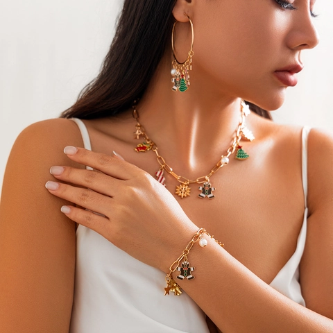 Set di Gioielli Natalizi in Lega Smaltata Omino di Pan di Zenzero Albero Fiocco di Neve Perla Artificial Collana Bracciale Orecchini Oro