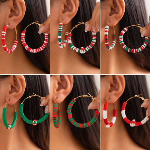 Christmas Soft Pottery Hoop Earrings For Women Santa Claus Xmas Tree Heishi Beads Red Green White Alloy Jewelry Gift