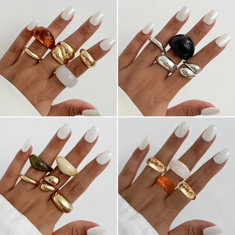 Geometric Chunky Ring Set For Women Vintage Alloy Resin Acrylic Dome Open Rings Gold Silver Amber White Black Jewelry Gift