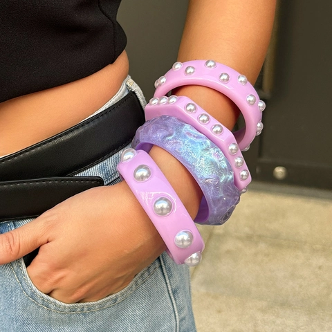 Brazalete Ancho de Resina Y2K Sweet Cool para Mujer Con Perla Artificial de Imitación Purpurina Holográfica Pulsera Acrílica Joyería Regalo