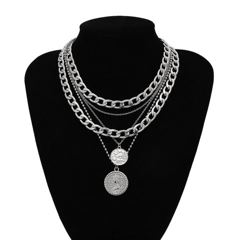 Multi-Layer Coin Pendant Metal Necklace Vintage Queen Portrait Alloy Chain Necklace For Women Jewelry