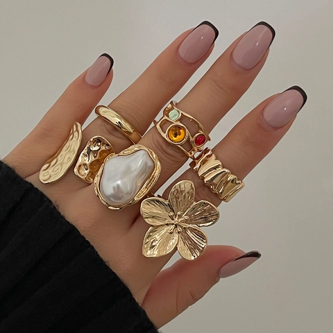 Vintage Alloy Baroque Imitation Artificial Pearl Flower Ring Set Gold Silver Plated Enamel Acrylic Diamond Open Adjustable Finger Rings Jewelry