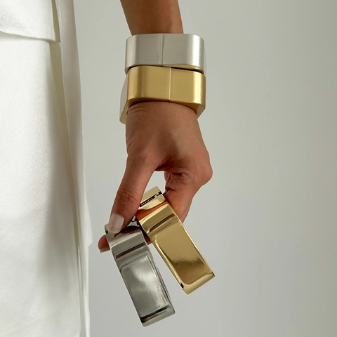 Minimalist Metallic Square Bangle Bracelet And Irregular Liquid Metal Ring Set For Women Gold Silver Plated Jewelry Gift
