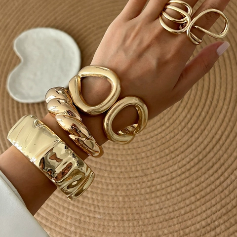 Modern Minimalist Alloy Bangle Bracelet Hollow Twisted Pleated Metal Texture Cuff Bracelet Layered Open Finger Ring For Women Jewelry