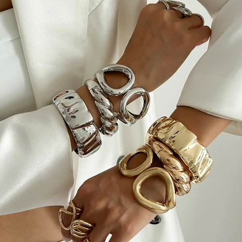 Ins Stijl Onregelmatige Geometrische Legering Armband Ring Set Voor Vrouwen Goud Zilver Verguld Hol Gedraaid Breed Sieraad