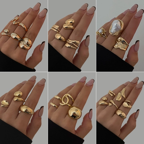 Bagues Ouvertes Goutte d'Eau en Métal Liquide Irrégulier Pour Femmes Modernes Minimalistes Vintage Baroque Imitation Perle Or Argent Plaqué Alliage Bijoux Bagues