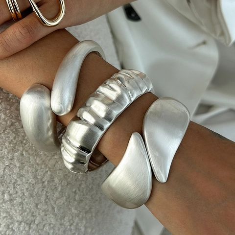 Modern Alloy Brushed Matte Cuff Bracelet Teardrop Hinged Bangle Hollow Multi Layer Geometric Ring For Women Minimalist Jewelry