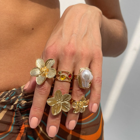 Baroque Imitation Artificial Pearl Flower Ring Set For Women Vintage Gold Silver Plated Alloy Resin Rhinestone Open Adjustable Ring Jewelry