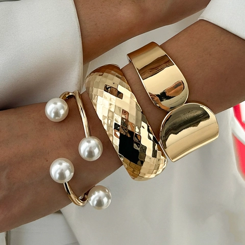 Vintage Textura Martillada Brazalete Abierto Perla Artificial Pulsera Envolvente Geométrico Patrón Diamante Anillo Joyería Para Mujer