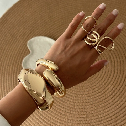 Brazalete Ancho Geométrico Irregular Juego de Anillos de Onda Abstracta para Mujer de Aleación Chapado en Oro Plata Joyería de Declaración