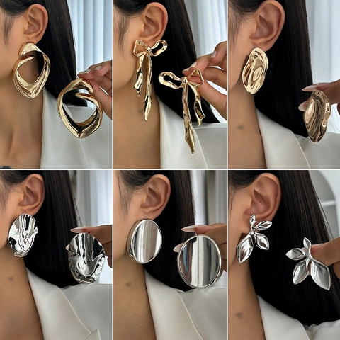 Exaggerated Bow Knot Stud Earrings Geometric Irregular Pleated Wave Metal Leaf Earrings For Women Fashion Statement Jewelry