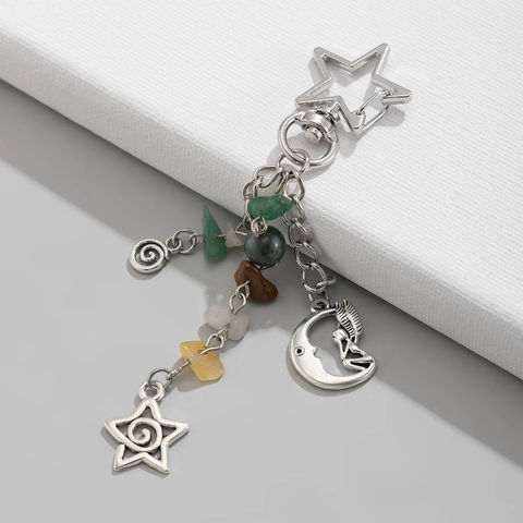 Bohemian Alloy Sun Moon Star Keychain With Irregular Crushed Stone Butterfly Dragonfly Pendant Pastoral Bag Hanging Decor