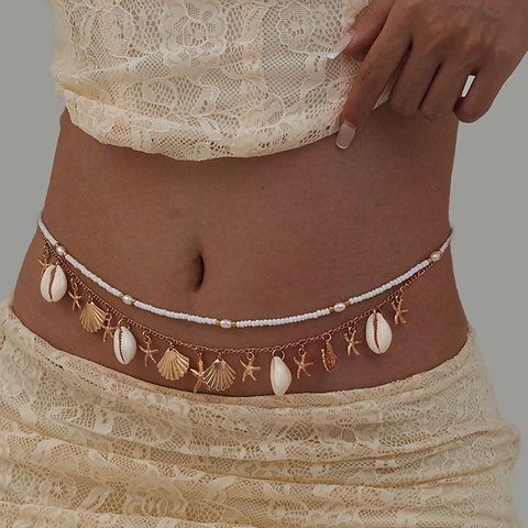 Bohemian Ocean Style Shell Starfish Pendant Body Chain Gold Color Rice Bead Double Layer Summer Beach Waist Chain For Women
