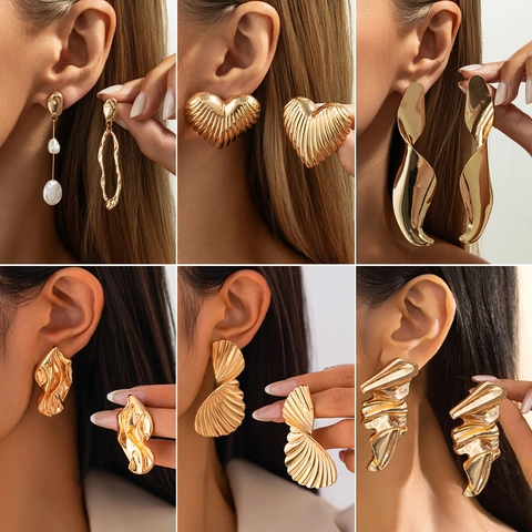 Irregular Liquid Metal Pleated Stud Earrings For Women Vintage Gold Silver Alloy Heart Geometric Statement Earrings Jewelry